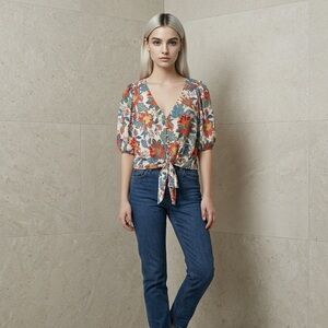 Rose & Olive Anthropologie Floral Tie-Front Puff fabric buttons crop top blouse